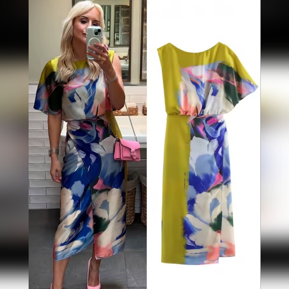 ASYMMETRIC PRINT MIDI DRESS SIZE XS - Picture 4 of 8